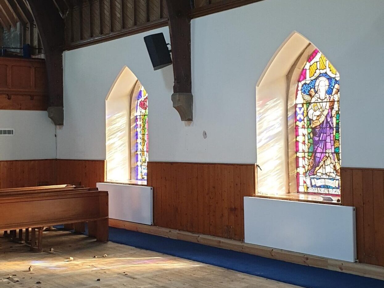 Sash and case church windows with stained glass